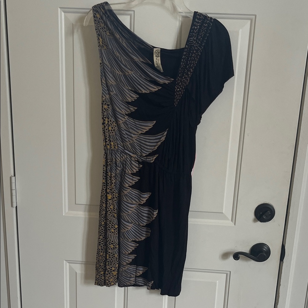 Free People Black One-Shoulder Boho Dress with Metallic Feather Print Beading